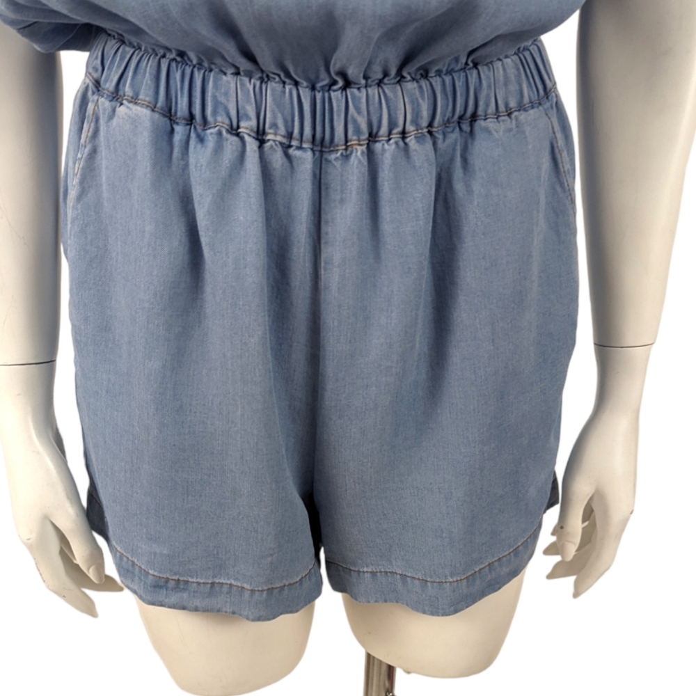 Splendid Chambray Romper Jumpsuit Womens XS Blue Tencel Off The Shoulder - Picture 7 of 15